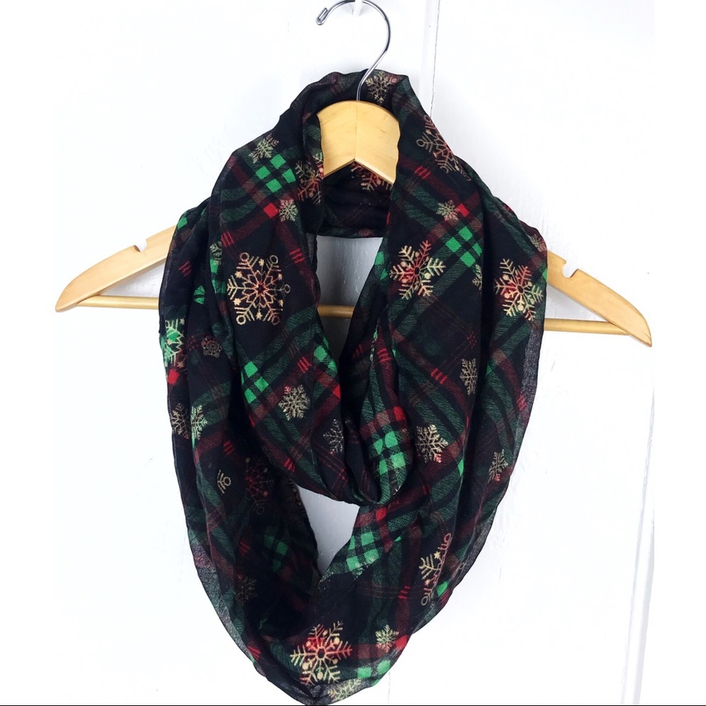 one size : casual flannel plaid patterned & gold snowflake fall infinity scarf